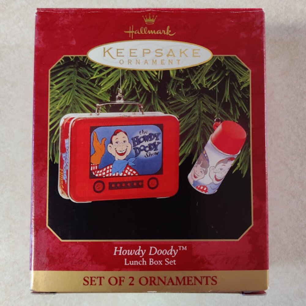 Vintage Hallmark Keepsake Howdy Doody Ornament Set - Lunchbox & Thermos - 1999